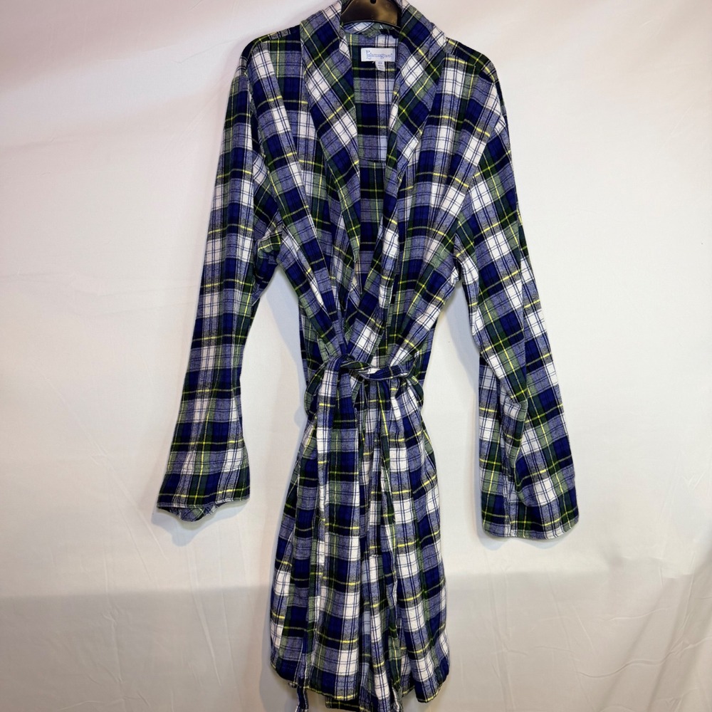 PajamaGram Women Blue Green White Plaid Flannel Robe Medium Large MD/LG